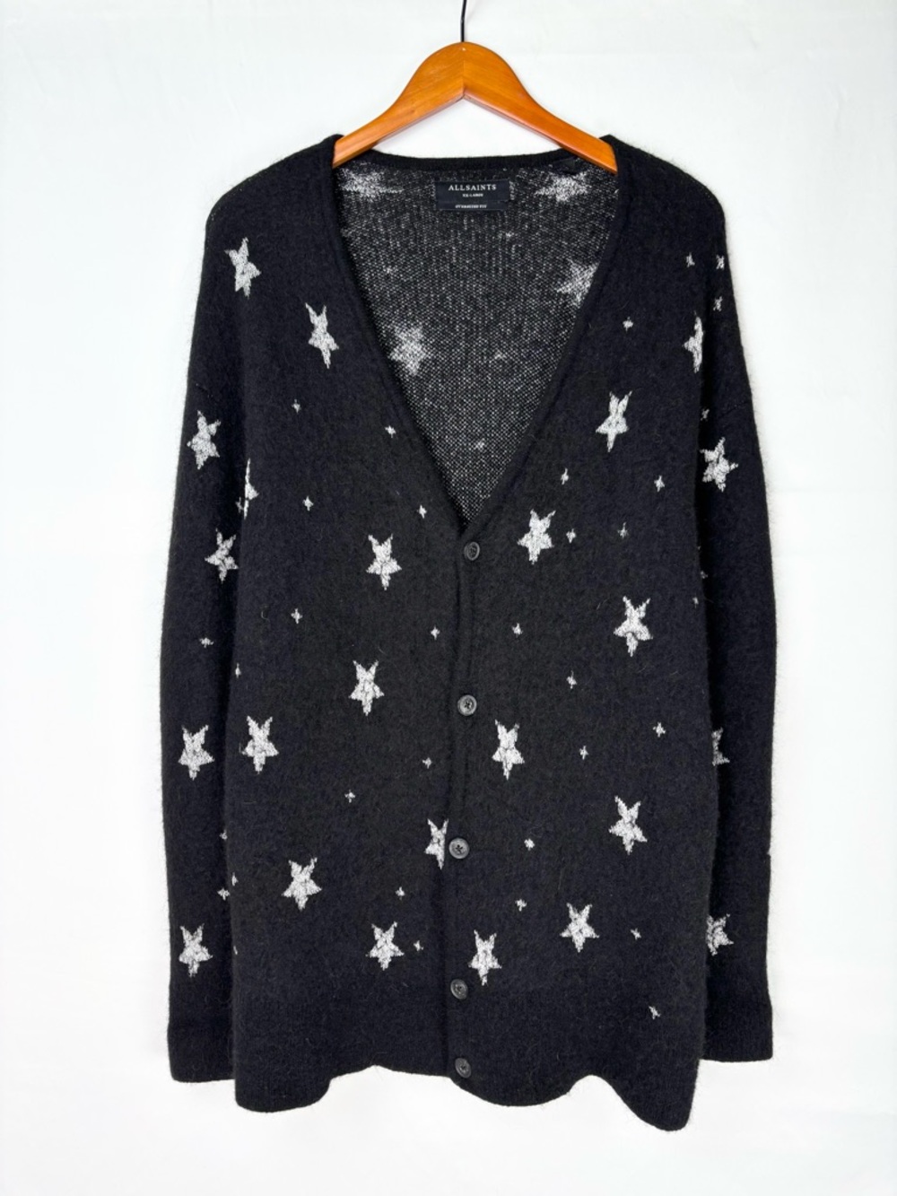 All Saints Midnight Cardigan Star Black White Size XXL Alpaca Wool